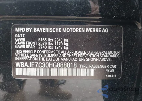 2017 BMW 540I xDrive z USA, uszkodzony, nr VIN WBAJE7C30HG888818